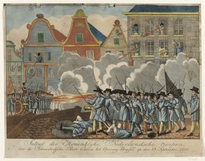 1830年、ブリュッセルのスカールベークセ港での戦い Intogt der Koninklyke オランダ軍、1830 年 9 月 23 日の反乱ブリュッセル内の Schaarbeeksche Poort 経由 (オブジェクトのタイトル) 作： Anonymous