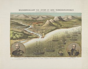 第二次アチェ遠征中のアチェの眺め、1873～1874年 Atchin とその防御の包囲マップ。 (鳥瞰図) (オブジェクトのタイトル) 作： Anonymous