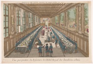 パリのオテル デ アンヴァリッドのダイニング ルームで食事をしているグループの様子 Vue perspective du refectoire de l
