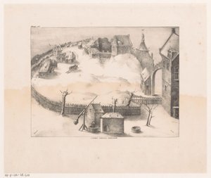 雪に覆われた柵で囲まれた集落の眺め 作： Anonymous