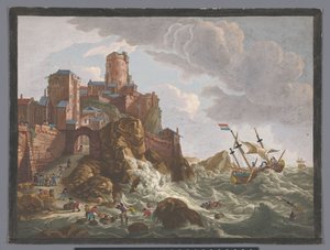 ノルウェーの崖の上に船やボートがある海岸の眺め Ecueil des côtes de Norwege (オブジェクトのタイトル) 作： Anonymous