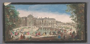 Gezicht op het Château de Saint-Cloud gezien vanaf de Chemin de Versailles 馬蹄形またはシュマン ド ヴェルサイユの側面から見たサン クラウド城の翼の 1 つ (オブジェクトのタイトル) 作： Anonymous