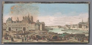 Gezicht op het Stadhuis en de rivier de Seine te Paris パリ市庁舎の眺め。 ポン・マリーとポン・ド・ボワが遠くに見えるところは、ポン・ルージュと呼ばれています (オブジェクトのタイトル) 作： Anonymous