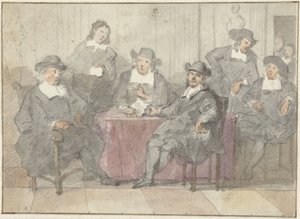 テーブルの周りに座ったり立ったりしている 6 人の紳士のグループ ポートレート 作： Anonymous