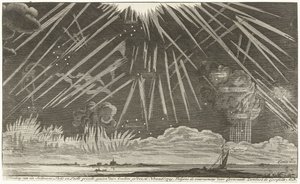 天体現象、1729年 1729 年 11 月 16 日の夕方に見られたセルトツァメの光と空の眺めの画像。Coenraadt Zumbach de Croesfeldt M.D. (オブジェクトのタイトル) 作： Anonymous