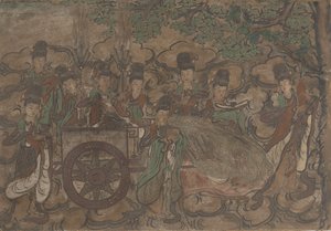 Xiwangmu と侍女を描いた額入り壁画 作： Anonymous