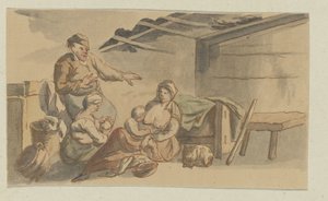 餌をやる女性 2 人、子供 2 人、男性 1 匹、猫 1 匹のインテリア 作： Anonymous
