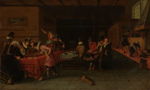 Trictrac を飲んだり遊んだりする人々 と居酒屋や売春宿のインテリア 作： Anonymous