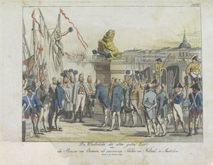 Komst van de Souverein Vorst te Amsterdam、1813年。 古き良き時代への回帰、(...)オランダの主権公子としてのオラニエ公、アムステルダム (オブジェクトのタイトル) 作： Anonymous