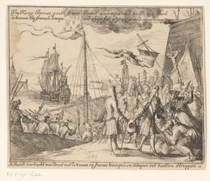 1689 年、フランス軍と共にアイルランドに向けてブレストを出発するジェームズ 2 世 ジェイコブ王はダヴォー伯爵を伴ってブレストから出て行き、フランス軍と像と吊るすためのロープでいっぱいの船 / K: ジェイコブはダヴォー・アン・フランと共にブレストを出発する 作： Anonymous