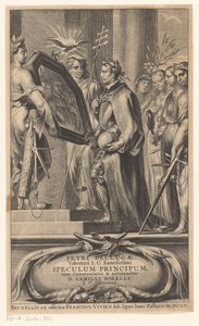 King は Justice and Faith によって反映されます タイトルページ: Petrus Belluga and Camillo Borello, Speculum principum, 1655 作： Anonymous
