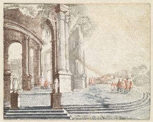 円形のローマ時代の遺跡のある風景