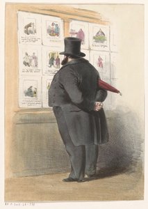版画を持った店の窓の前にいる男性 作： Anonymous