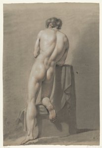 後ろから見た丸太の上にひざまずく裸の男性 作： Anonymous