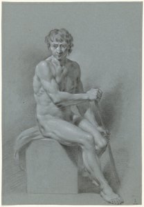 丸太の上に座る裸体の男性、両手に棒（漕ぎ？） 作： Anonymous