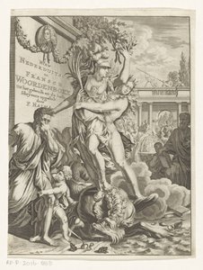 ミネルバは火を吐く海の怪物を踏みにじる 新しいオランダ語とフランス語の辞書 (オブジェクトのタイトル) タイトル ページ: フランソワ ハルマ、オランダ語およびフランス語の辞書、1710 年 作： Anonymous