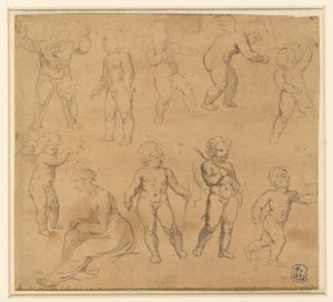 Putti と左側に座っている女性の 9 つの習作