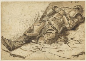 腕を組んで仰向けに横たわる甲冑姿の戦士 作： Anonymous