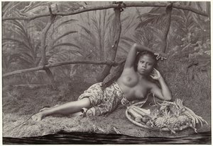 設定でフルーツ バスケットで横になっている未知の半裸のインドネシア人女性の肖像画 Preanger woman (オブジェクトのタイトル) 作： Anonymous