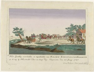 1787年、ゴエヤンフェルウェルスルイスで逮捕されたオレンジの王女 Haare Koninglyk の大規模な攻撃と停止 Haastrecht 近くの道路で多くの Free Corporists によって Hooghied されました。 28. 1787 年 6 月 (オブジェクトのタイトル) dについての着色されたドイツの版画 作： Anonymous
