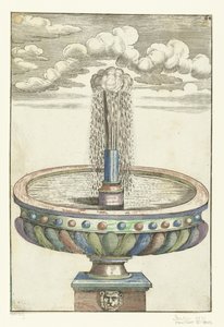 ライオンの頭を持つ台座の丸い洗面器 Architectura Curiosa Nova (シリーズタイトル) 作： Anonymous