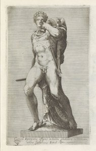 Sculptuur van keizer Commodus als グラディエーター グラディエーターの衣装を着た快適な皇帝の肖像 (...) (オブジェクトのタイトル) ローマのアンティーク彫刻（シリーズタイトル） 公共の場所で見られるローマ市の古代の彫像のアイコン (シリーズ タイトル) 作： Anonymous