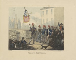 1828 年にオランダ政府に対してローマ カトリック党と自由党の間で結ばれた同盟についての漫画 Alliance Electoral (オブジェクトのタイトル) 作： Anonymous