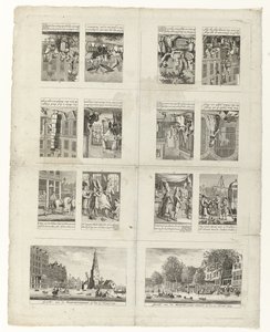 1775 年の洪水時のファッションとアムステルダムの 2 つのビューに関する漫画