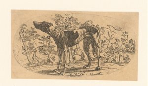 風景の前に立つ犬 作： Anonymous