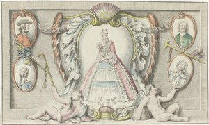 立っている女性、2 つのプッティと 4 つのメダリオン 1730年代のファッション メルキュール ド フランス (シリーズ タイトル) 作： Anonymous
