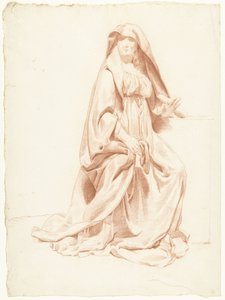 重くひだがついた外套を着た座っている女性の習作 作： Anonymous