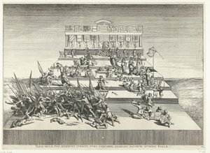 oorlog en vrede で Toneelvoorstelling。 incht van Ferdinand te Gent、1635 年 (no. 42) そのような世紀、彼らは自分自身に言った、走る、紡錘が調和している、安定している、運命の神によって救われている（オブジェクトのタイトル） カール 5 世のゲネトリコン劇場 作： Anonymous