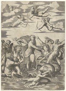 Triomf van Galatea は nereïden in putti でトリトンに会いました