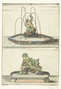 2 つの噴水が一緒に Architectura Curiosa Nova (シリーズタイトル) 作： Anonymous