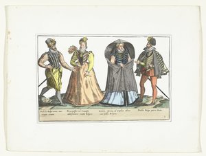 オランダのファッションに合わせて着飾った 2 人の男性と 2 人の女性、1580 年頃 Costumes Civils des Pays-Bas (オブジェクトのタイトル) 作： Anonymous