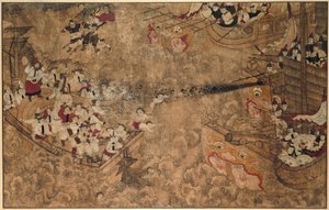 大砲で武装した中国船 3 隻からの攻撃を受けている非武装のオランダ船 2 隻 媽祖の奇蹟を描いた連作画より（連載タイトル）