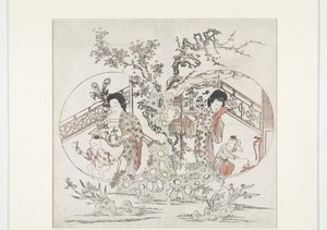 2 つの部分からなる版画。左の夏はアイリスとマルス、右の冬は水仙とプルナス (新年の版画) 作： Anonymous