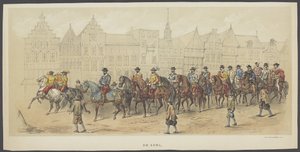 ユトレヒトの仮面舞踏会、プレート a: 貴族、1856 年 貴族。 (オブジェクトのタイトル) オランダ自由の創設者 (ウィリアム 1 世の時代) Utrechtsche Hoogeの220周年を記念して、ユトレヒト学生隊のメンバー 作： Anonymous