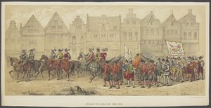 ユトレヒトの仮面舞踏会、プレート b: 陸と海の戦い、1856 年 陸と海の戦い（オブジェクト上のタイトル） オランダ自由の創設者 (ウィリアム 1 世の時代) 220周年を記念して、ユトレヒト学生隊のメンバー 作： Anonymous
