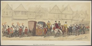 ユトレヒトの仮面舞踏会、プレート e: 法廷、1856 年 ウィレム デン エールステの裁判所 (オブジェクトのタイトル) オランダ自由の創設者 (ウィリアム 1 世の時代) 220周年を記念して、ユトレヒト学生隊のメンバー 作： Anonymous