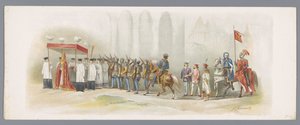 1876 年のユトレヒトの仮面舞踏会 (3 番目のプレート) XLVIII。 Utrechtsche Hoogeschool の Lustrum。 アウグストゥス 4 世 MCCCCLXXIII、カレル デン スタウテ公爵のズトフェンへの入城。 1876 年 6 月 27 日にユトレヒトで開催された Heeren Studenten の衣装を着た行進 (シリーズ タイトル) 作： Anonymous