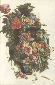 花の花輪に囲まれた花瓶 作： Anonymous