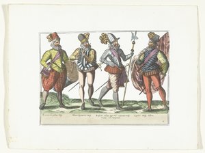 制服を着た 4 人のスペイン兵、1580 年頃 コスチューム ミリテール エスパニョール (オブジェクトのタイトル) 作： Anonymous