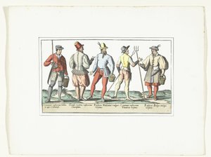1580 年頃、現在のファッションに合わせて服を着た 4 人の農民と、古いファッションに合わせて 1 人の農民 Modes rustiques (オブジェクトのタイトル) 作： Anonymous