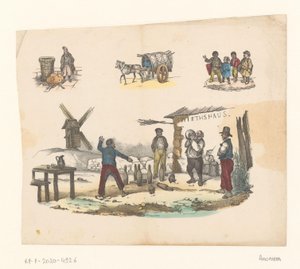 旅館の前でボウリングをしている4人の男性 作： Anonymous
