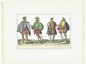 ドイツのファッションに合わせて着飾った 4 人の男性、1580 年頃 衣装アルマン (オブジェクトのタイトル) 作： Anonymous
