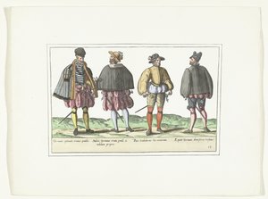 ドイツのファッションに合わせて着飾った 4 人の男性、1580 年頃 コスチューム アルマン (オブジェクトのタイトル) 作： Anonymous