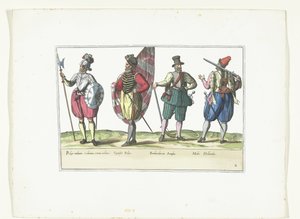 オランダとイギリスの流行に合わせた制服を着た 4 人の兵士、1580 年頃 コスチューム Militaires des Pays-Bas (オブジェクトのタイトル) 作： Anonymous