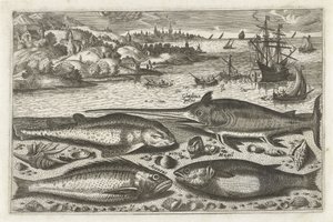 ビーチで 4 匹の魚 釣り（連載タイトル） Piscium v​​ivae アイコン (シリーズ タイトル) 作： Anonymous