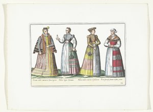 ドイツのファッションに合わせて着飾った 4 人の女性、1580 年頃 コスチューム アルマン (オブジェクトのタイトル) 作： Anonymous